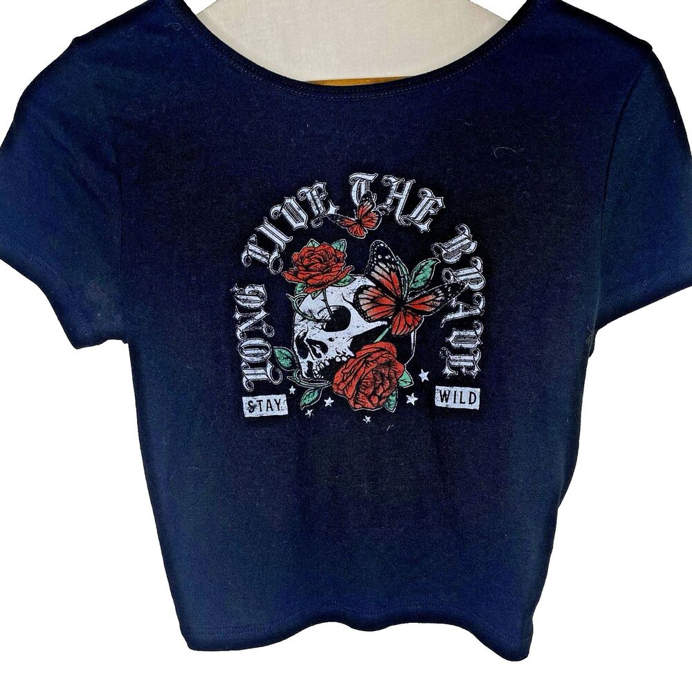 Forever 21 Open Back Cropped T-Shirt Women L Skull Roses Floral Biker Goth Black